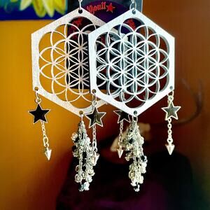 Lasercut Wooden Flower of Life Mandala Silver Earrings w Dangly Accents & Stars